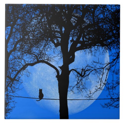 Cat on a Wire Blue Moon Ceramic Tile