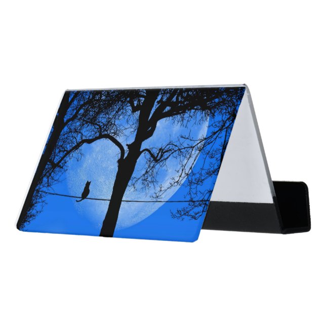 Cat on a Wire Blue Moon Desk Business Card Holder (Angled Back)