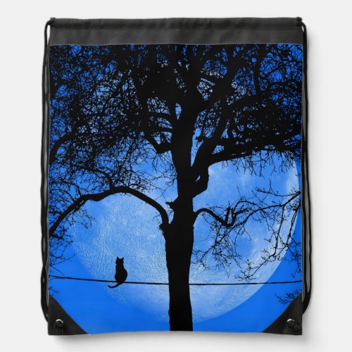 Cat on a Wire Blue Moon Drawstring Bag