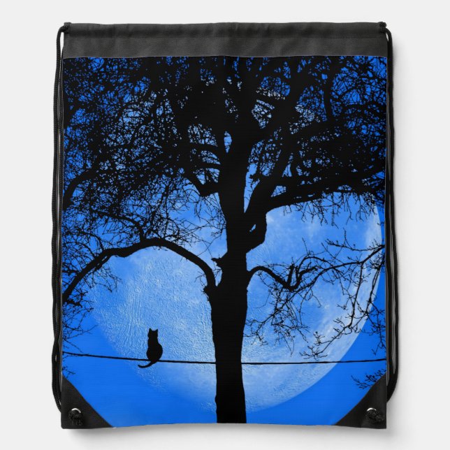 Cat on a Wire Blue Moon Drawstring Bag (Front)