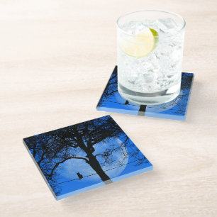 Cat on a Wire Blue Moon Glass Coaster