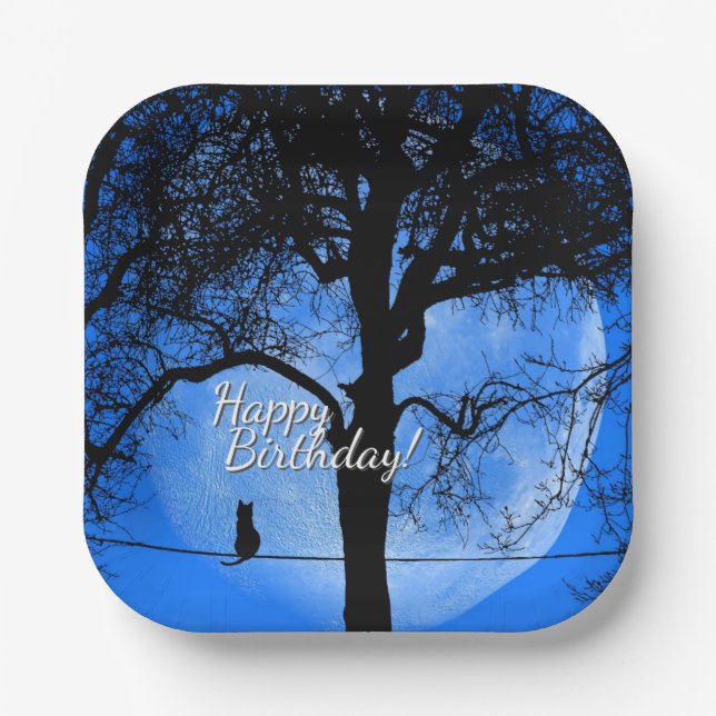 Cat on a Wire Blue Moon Happy Birthday Paper Plates (Front)
