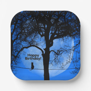 Cat on a Wire Blue Moon Happy Birthday Paper Plates