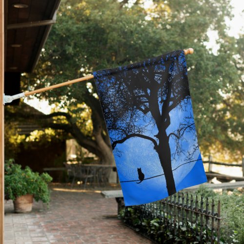 Cat on a Wire Blue Moon House Flag