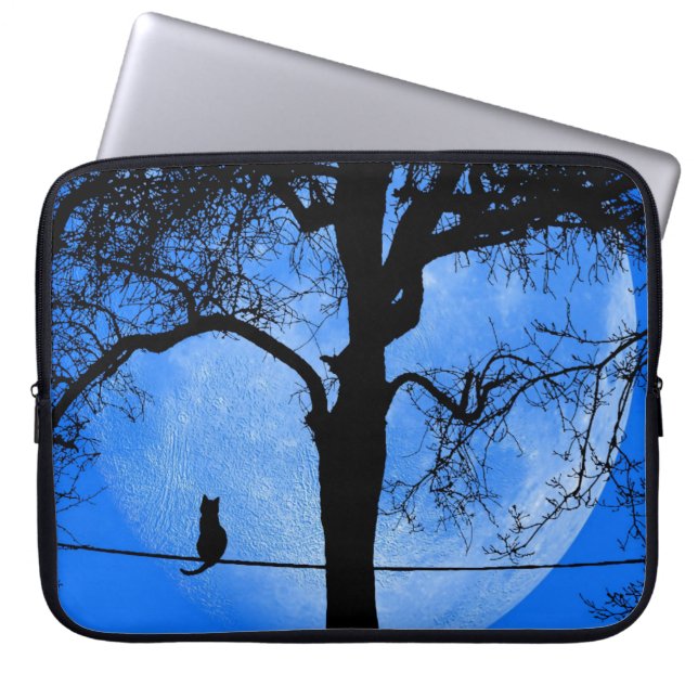 Cat on a Wire Blue Moon Laptop Sleeve (Front)