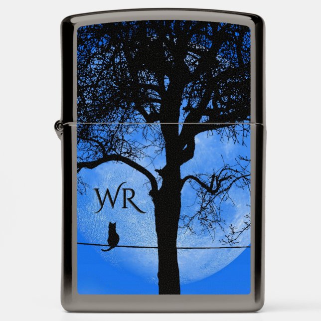 Cat on a Wire Blue Moon Monogram Zippo Lighter (Front)
