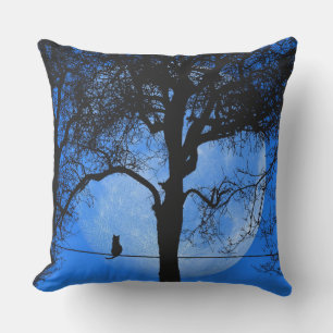Cat on a Wire Blue Moon Outdoor Pillow