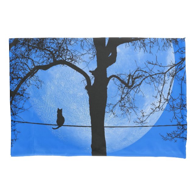 Cat on a Wire Blue Moon Pillow Case (Front)