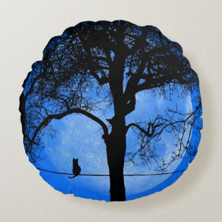 Cat on a Wire Blue Moon Round Pillow
