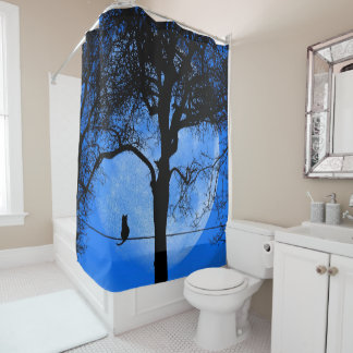 Cat on a Wire Blue Moon Shower Curtain