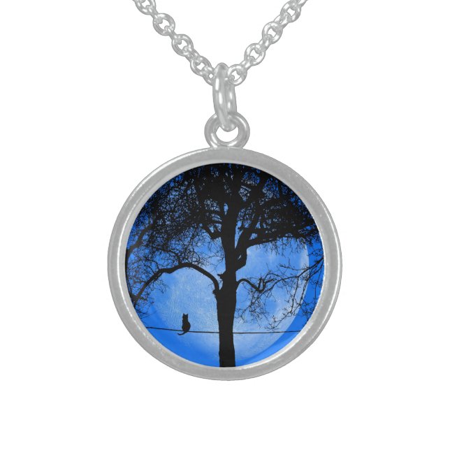 Cat on a Wire Blue Moon Sterling Silver Necklace (Front)