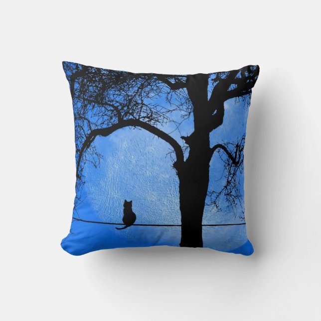 Cat on a Wire Blue Moon Throw Pillow (Front)