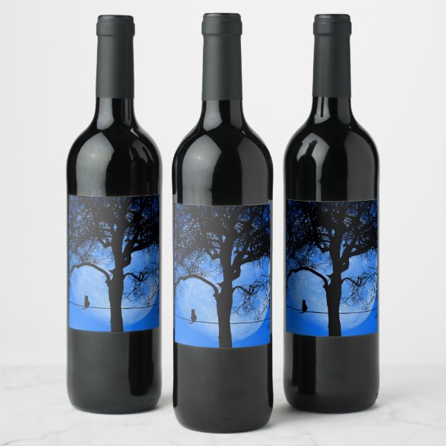 Cat on a Wire Blue Moon Wine Label (Bottles)
