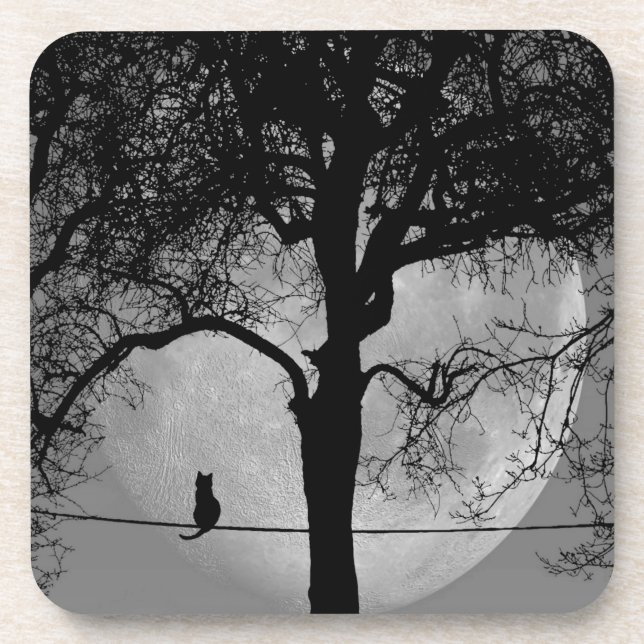 Cat on a Wire Full Moon Beverage Coaster (Front)