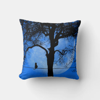 Cat on a Wire Full Moon Blue Throw Pillow