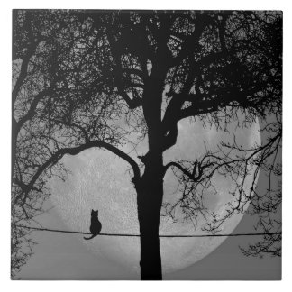 Cat on a Wire Full Moon Ceramic Tile