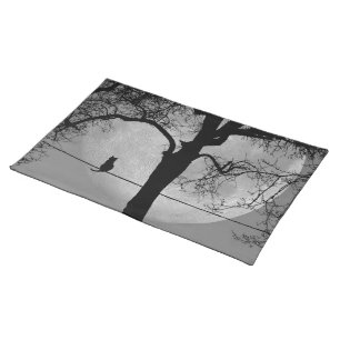 Cat on a Wire Full Moon Cloth Placemat
