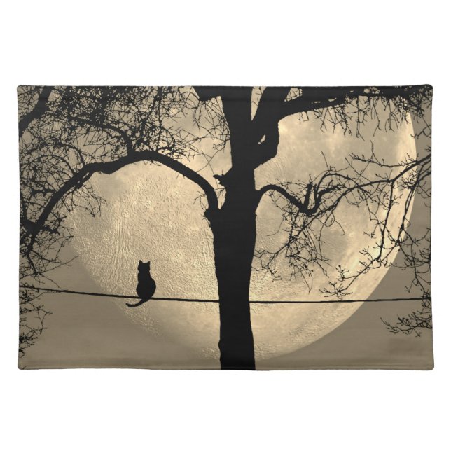 Cat on a Wire Full Moon Cloth Placemat (Front)