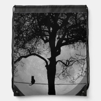 Cat on a Wire Full Moon Drawstring Bag