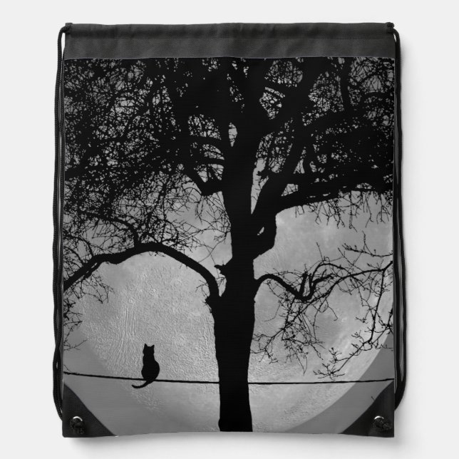 Cat on a Wire Full Moon Drawstring Bag (Front)