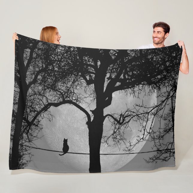 Cat on a Wire Full Moon Fleece Blanket (In Situ)