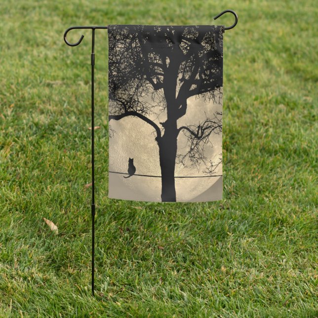 Cat on a Wire Full Moon Garden Flag (In SItu)