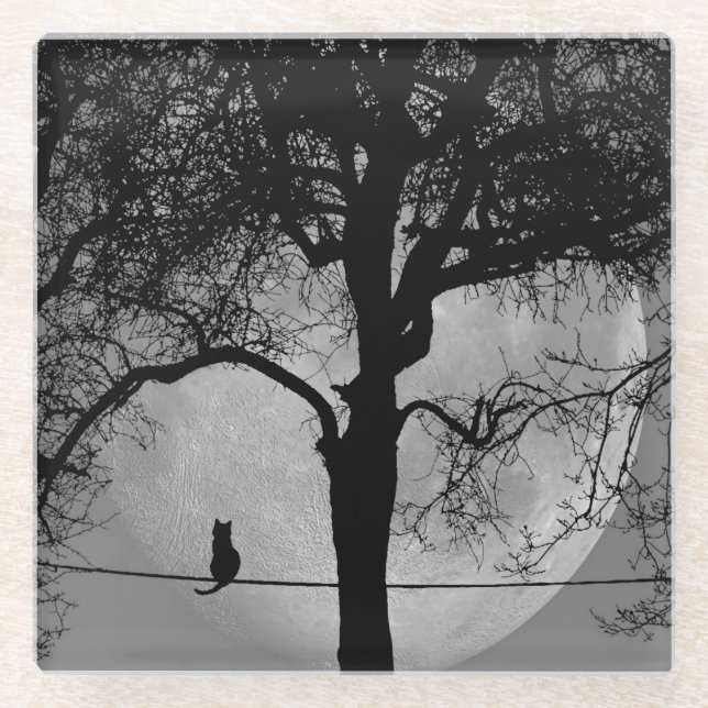 Cat on a Wire Full Moon Glass Coaster (Front)