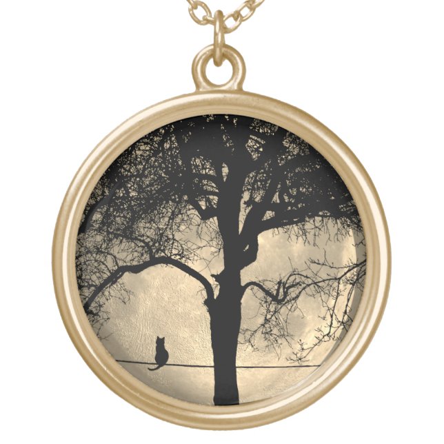 Cat on a Wire Full Moon Gold Plated Necklace (Front)
