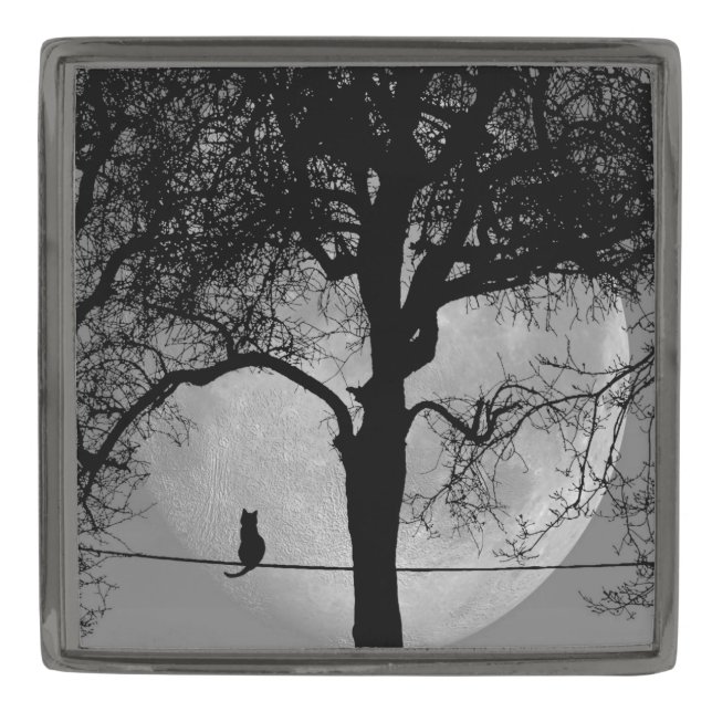 Cat on a Wire Full Moon Gunmetal Finish Lapel Pin (Front)
