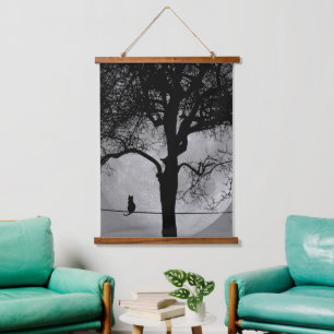 Cat on a Wire Full Moon Hanging Tapestry