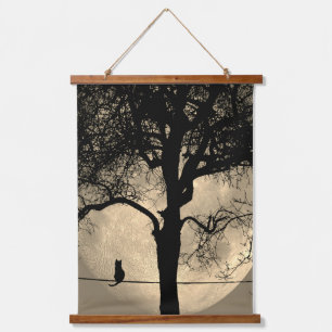 Cat on a Wire Full Moon Hanging Tapestry