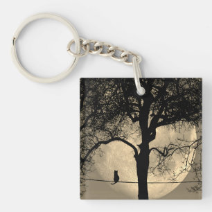 Cat on a Wire Full Moon Keychain