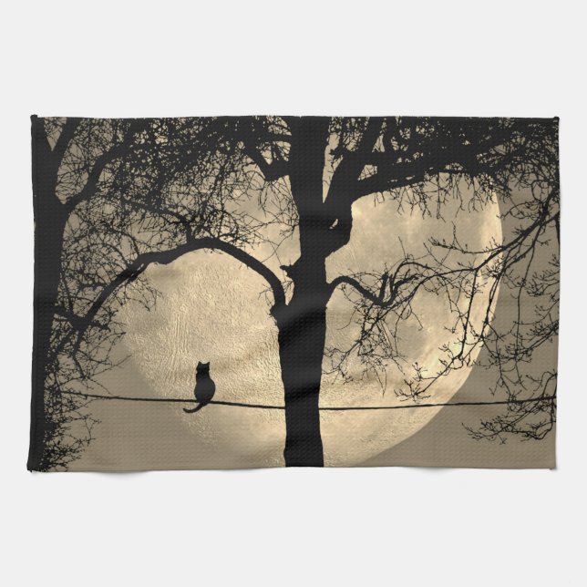 Cat on a Wire Full Moon Kitchen Towel (Horizontal)