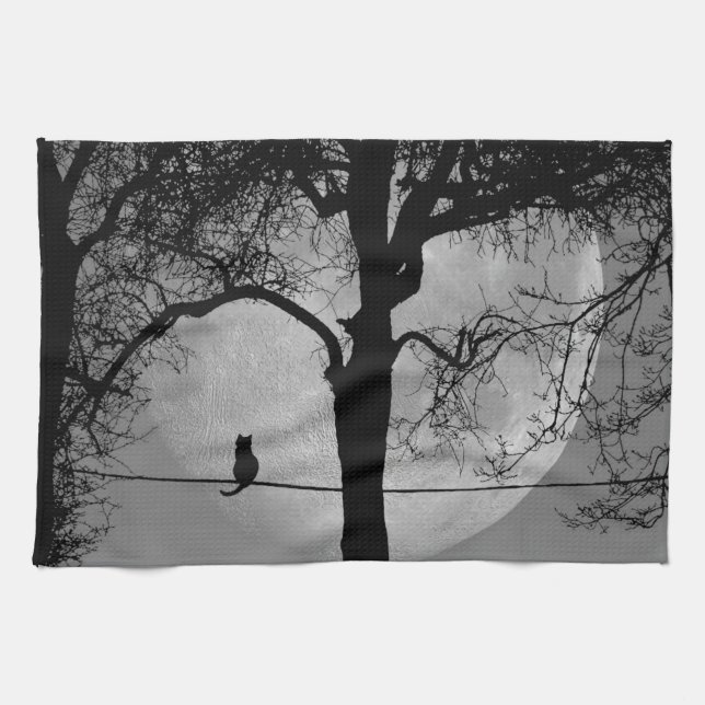 Cat on a Wire Full Moon Kitchen Towel (Horizontal)