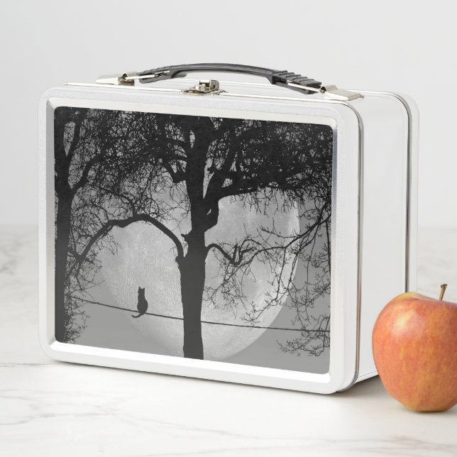 Cat on a Wire Full Moon Metal Lunch Box (In Situ)