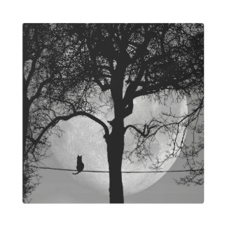 Cat on a Wire Full Moon Metal Print