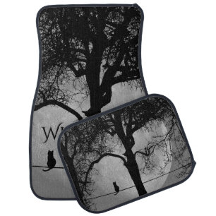 Cat on a Wire Full Moon Monogram Car Floor Mat