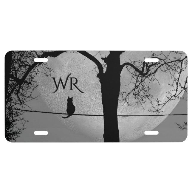 Cat on a Wire Full Moon Monogram License Plate (Front)