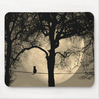 Cat on a Wire Full Moon Mouse Pad