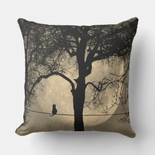 Cat on a Wire Full Moon Outdoor Pillow