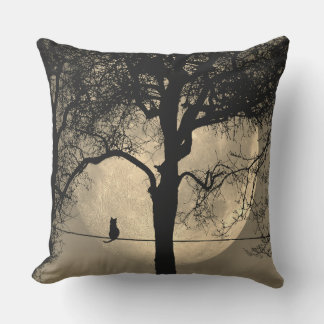Cat on a Wire Full Moon Outdoor Pillow