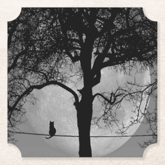 Cat on a Wire Full Moon Paper Coaster