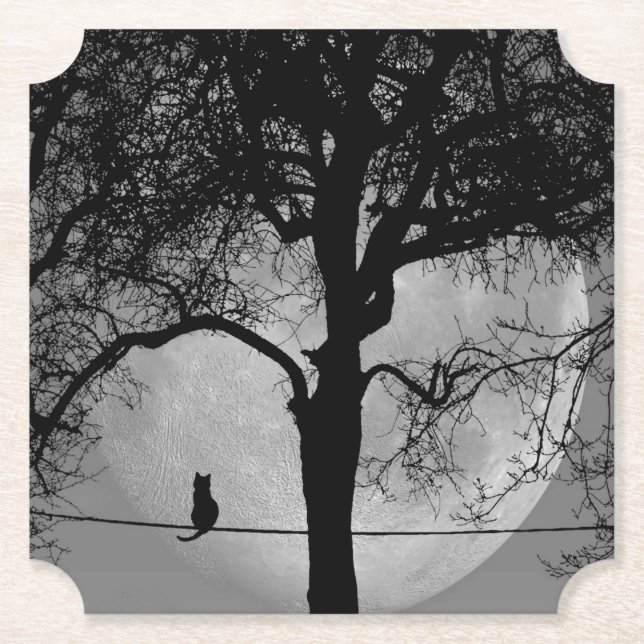 Cat on a Wire Full Moon Paper Coaster (Front)