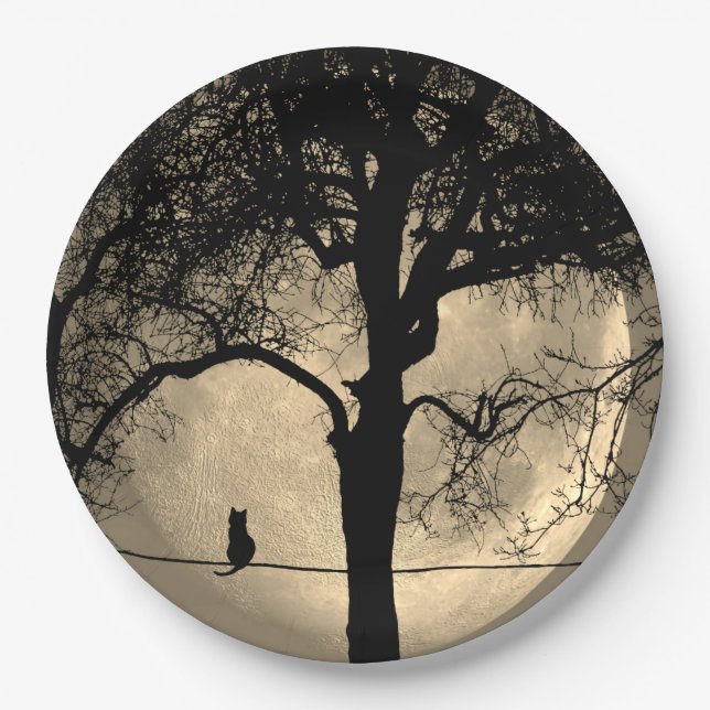 Cat on a Wire Full Moon Paper Plates (Front)