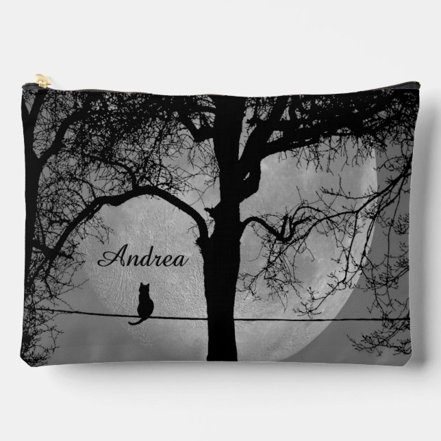 Cat on a Wire Full Moon Personal Name Accessory Pouch (Front)