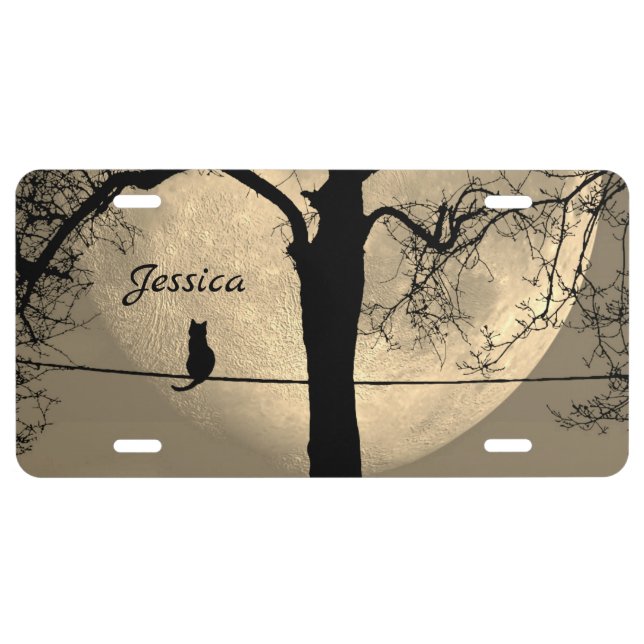 Cat on a Wire Full Moon Personalized License Plate (Front)