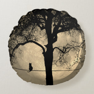 Cat on a Wire Full Moon Round Pillow