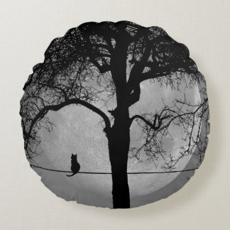 Cat on a Wire Full Moon Round Pillow