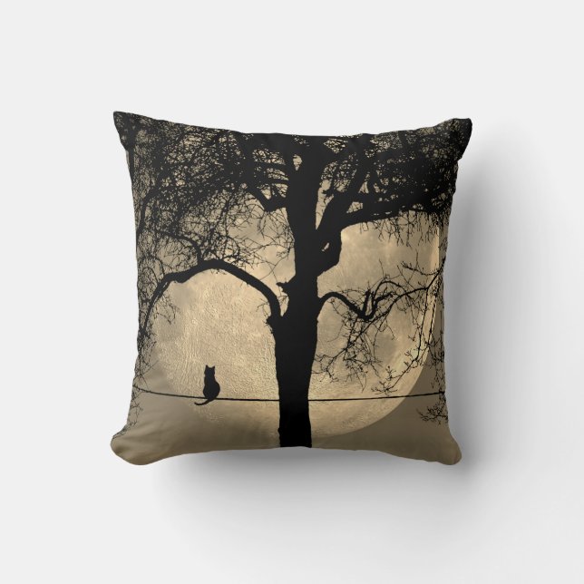 Cat on a Wire Full Moon Solid Brown Back Throw Pillow (Front)