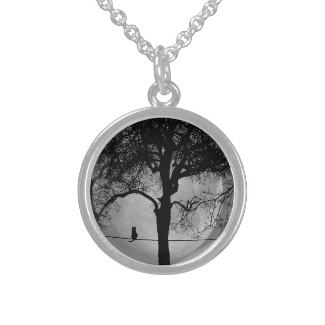 Cat on a Wire Full Moon Sterling Silver Necklace (Front)